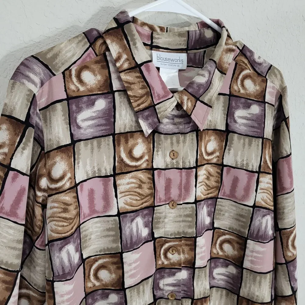 Blouseworks Blouse Shirt Womens XL Geometric Window pane Long Sleeve Button Down - Picture 9 of 12